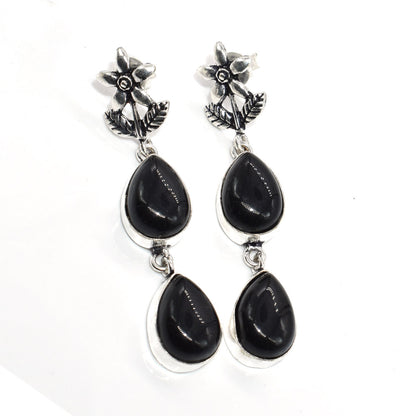 Black Onyx Drop Earrings Floral Silver Boho Dangle Jewelry EAR-4610