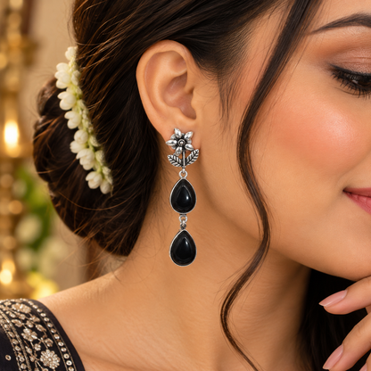 Black Onyx Drop Earrings Floral Silver Boho Dangle Jewelry EAR-4610