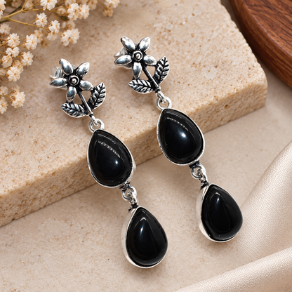 Black Onyx Drop Earrings Floral Silver Boho Dangle Jewelry EAR-4610