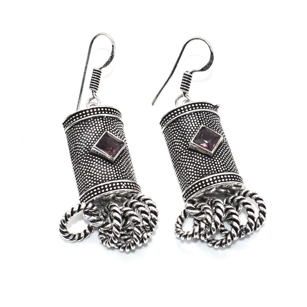 Amethyst Silver Dangle Earrings Oxidized Tribal Boho Jewelry EAR-4871