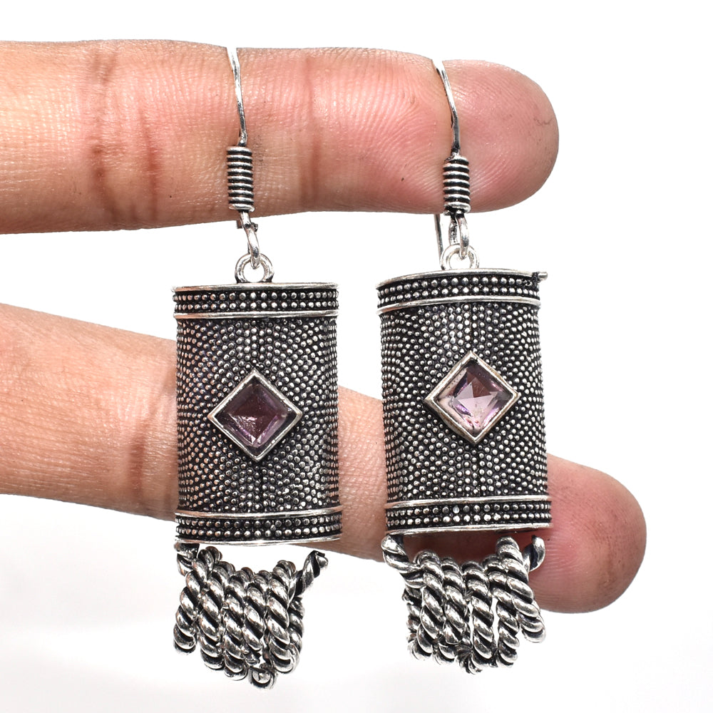 Amethyst Silver Dangle Earrings Oxidized Tribal Boho Jewelry EAR-4871