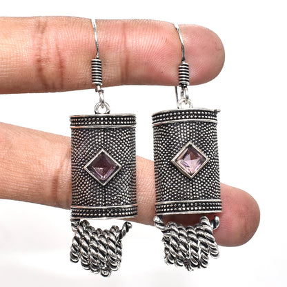Amethyst Silver Dangle Earrings Oxidized Tribal Boho Jewelry EAR-4871