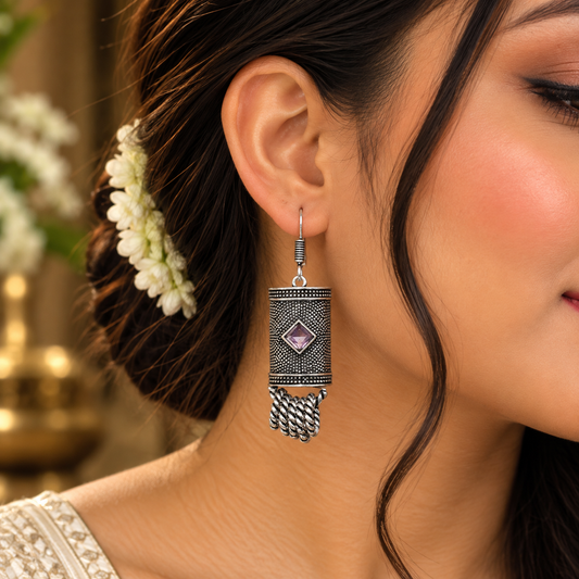 Amethyst Silver Dangle Earrings Oxidized Tribal Boho Jewelry EAR-4871