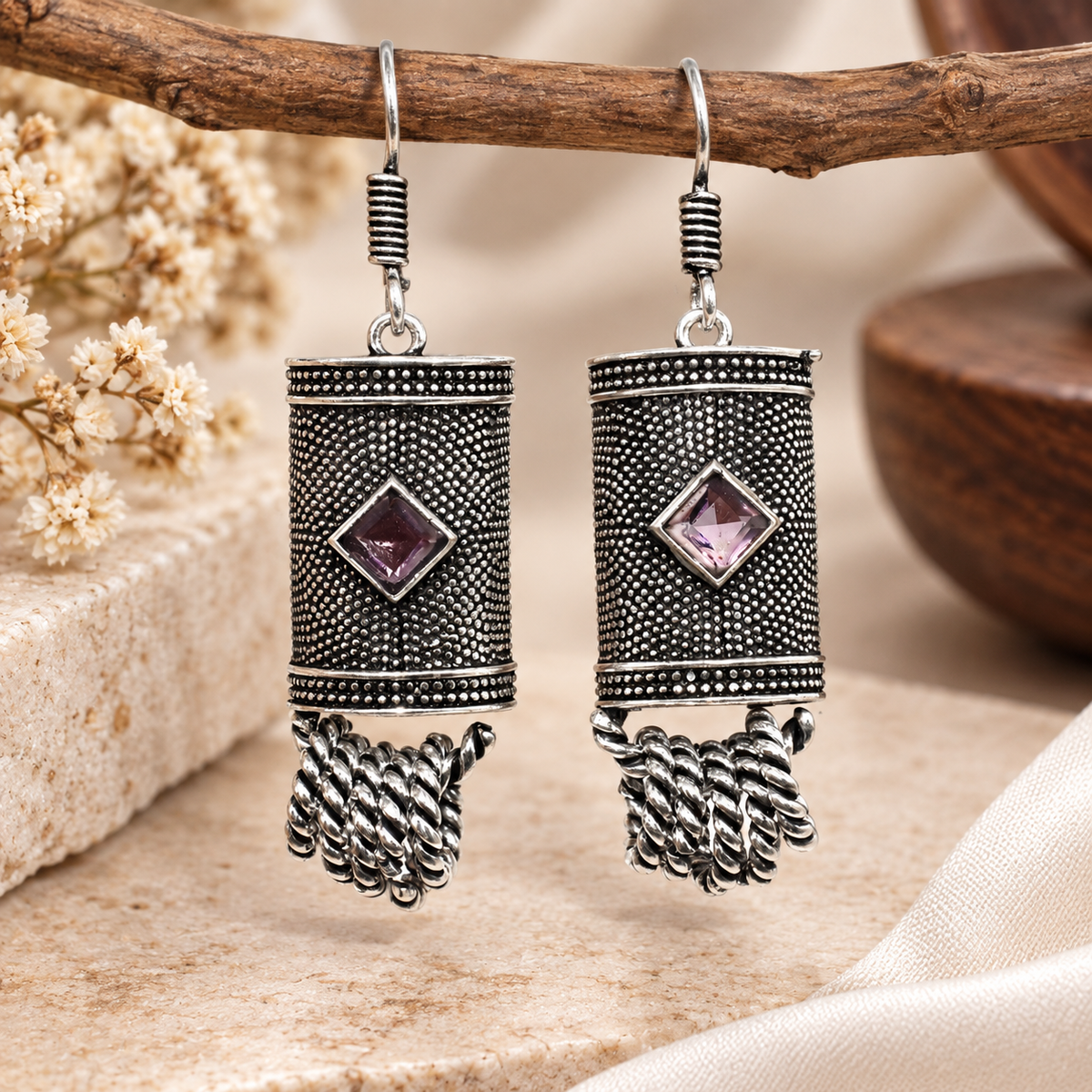 Amethyst Silver Dangle Earrings Oxidized Tribal Boho Jewelry EAR-4871