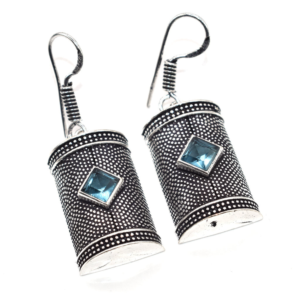 Blue Topaz Silver Dangle Earrings Oxidized Tribal Boho Jewelry EAR-4879