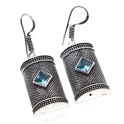 Blue Topaz Silver Dangle Earrings Oxidized Tribal Boho Jewelry EAR-4879