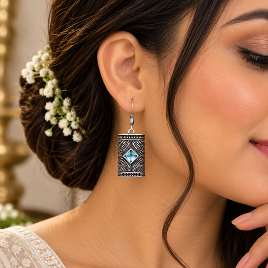 Blue Topaz Silver Dangle Earrings Oxidized Tribal Boho Jewelry EAR-4879