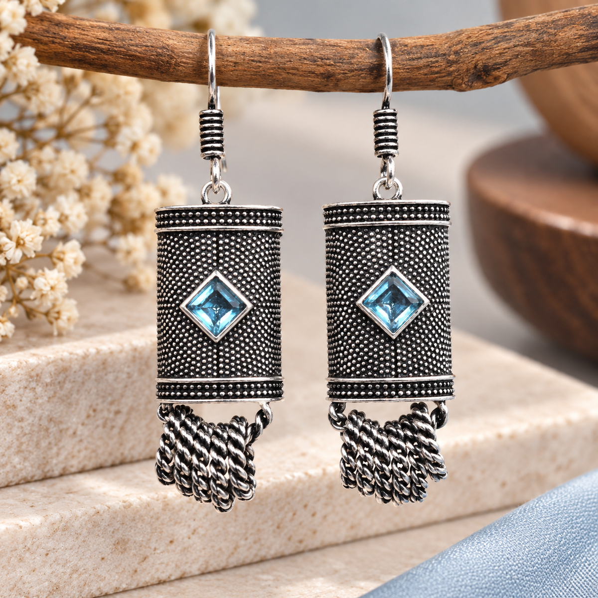 Blue Topaz Silver Dangle Earrings Oxidized Tribal Boho Jewelry EAR-4879