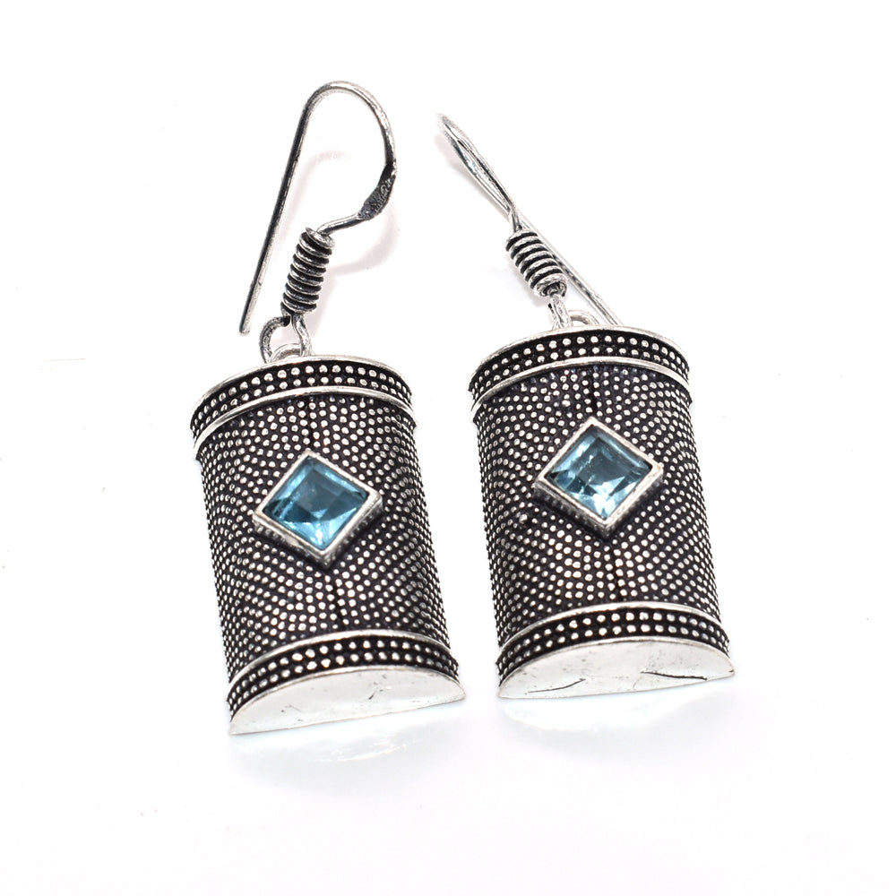 Blue Topaz Silver Dangle Earrings Oxidized Tribal Boho Jewelry EAR-4879