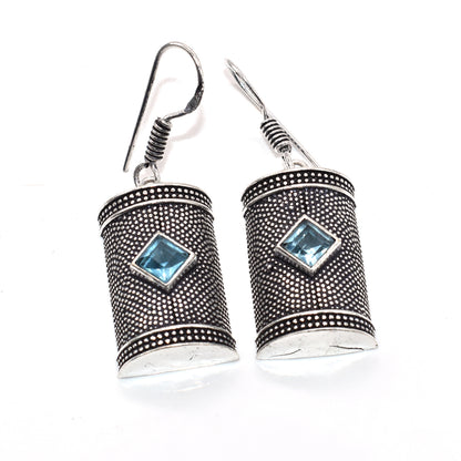Blue Topaz Silver Dangle Earrings Oxidized Tribal Boho Jewelry EAR-4879