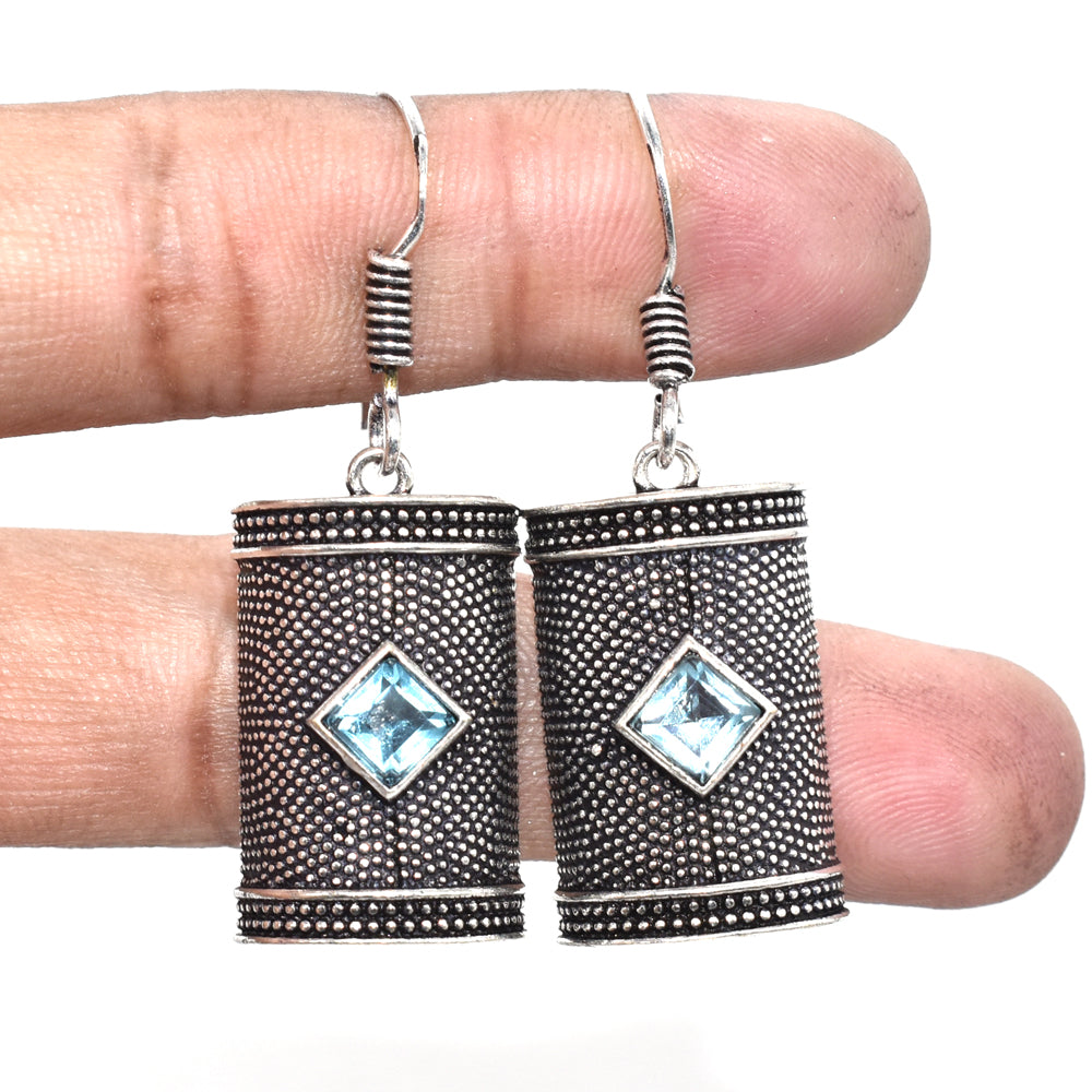 Blue Topaz Silver Dangle Earrings Oxidized Tribal Boho Jewelry EAR-4879