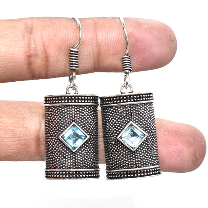 Blue Topaz Silver Dangle Earrings Oxidized Tribal Boho Jewelry EAR-4879