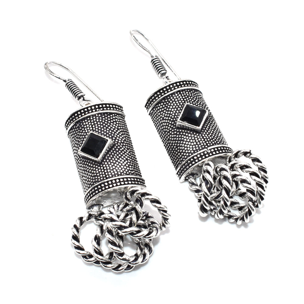 Black Spinel Dangle Earrings Oxidized Silver Tribal Boho Jewelry EAR-4888