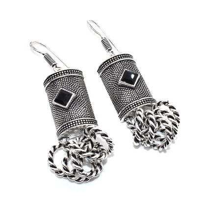 Black Spinel Dangle Earrings Oxidized Silver Tribal Boho Jewelry EAR-4888