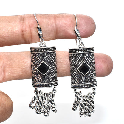 Black Spinel Dangle Earrings Oxidized Silver Tribal Boho Jewelry EAR-4888