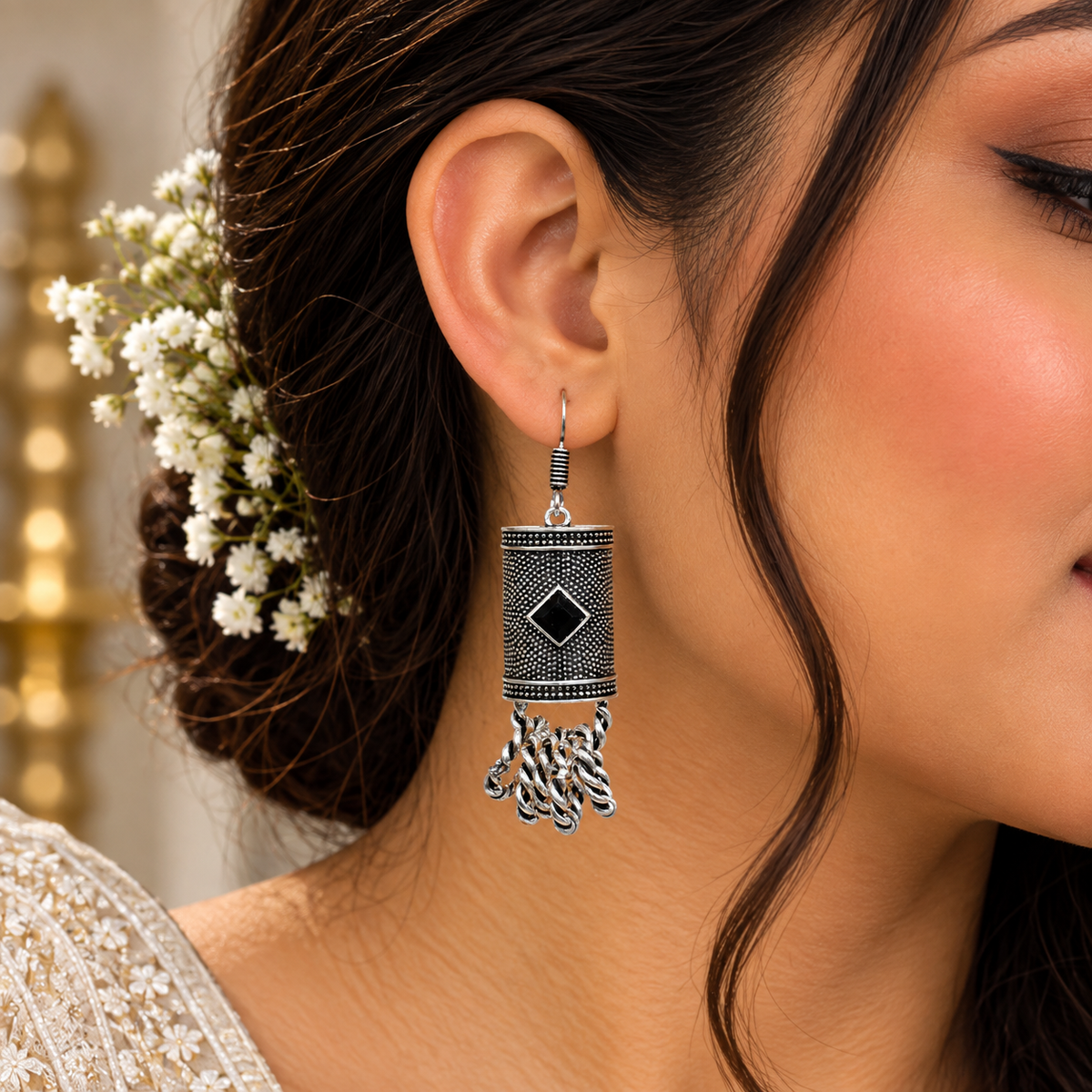 Black Spinel Dangle Earrings Oxidized Silver Tribal Boho Jewelry EAR-4888