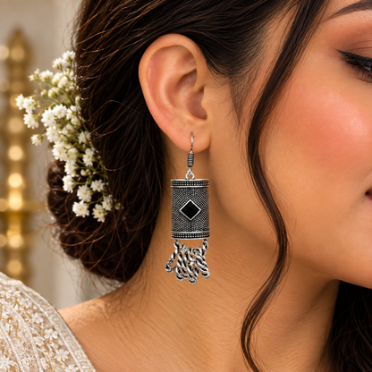 Black Spinel Dangle Earrings Oxidized Silver Tribal Boho Jewelry EAR-4888