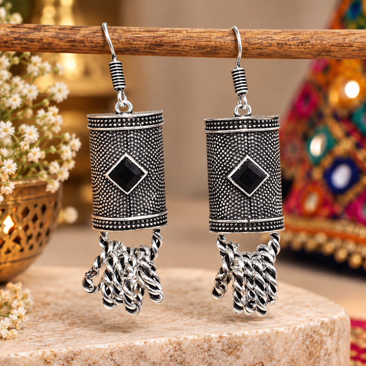 Black Spinel Dangle Earrings Oxidized Silver Tribal Boho Jewelry EAR-4888