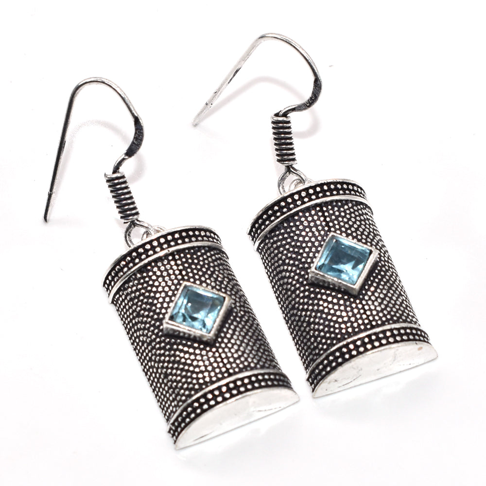 Blue Topaz Silver Dangle Earrings Oxidized Tribal Boho Jewelry EAR-4879