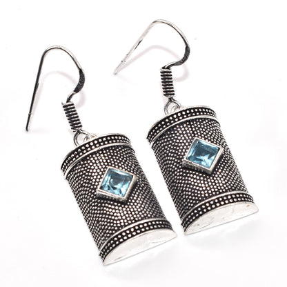 Blue Topaz Silver Dangle Earrings Oxidized Tribal Boho Jewelry EAR-4879