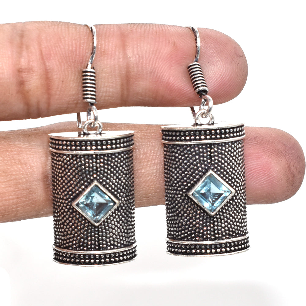 Blue Topaz Silver Dangle Earrings Oxidized Tribal Boho Jewelry EAR-4879