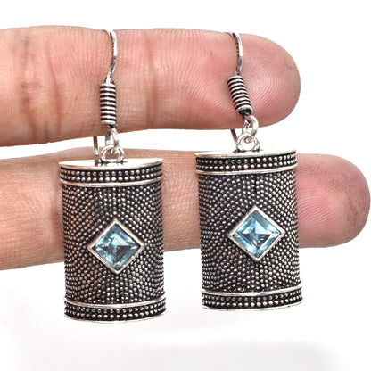 Blue Topaz Silver Dangle Earrings Oxidized Tribal Boho Jewelry EAR-4879