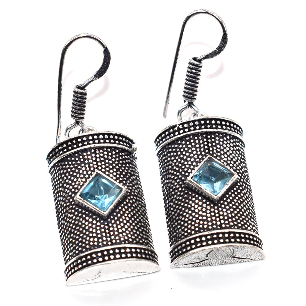 Blue Topaz Silver Dangle Earrings Oxidized Tribal Boho Jewelry EAR-4879