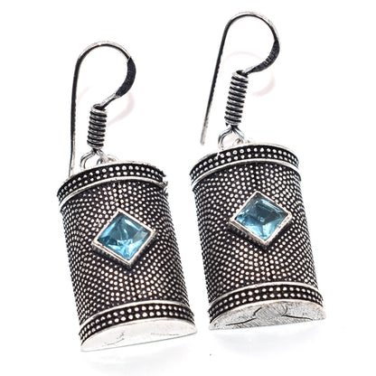 Blue Topaz Silver Dangle Earrings Oxidized Tribal Boho Jewelry EAR-4879