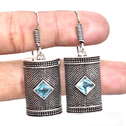 Blue Topaz Silver Dangle Earrings Oxidized Tribal Boho Jewelry EAR-4879
