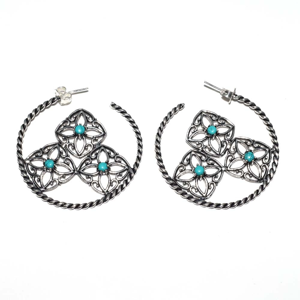 Turquoise Floral Hoop Earrings Twisted Silver Boho Statement Jewelry EAR-4908