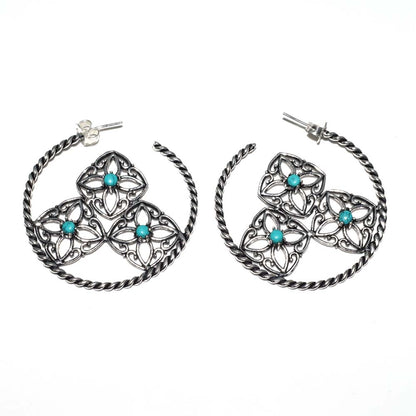 Turquoise Floral Hoop Earrings Twisted Silver Boho Statement Jewelry EAR-4908