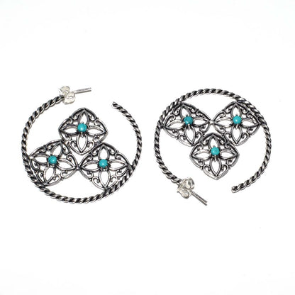 Turquoise Floral Hoop Earrings Twisted Silver Boho Statement Jewelry EAR-4908