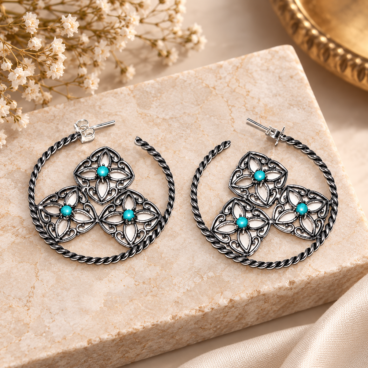 Turquoise Floral Hoop Earrings Twisted Silver Boho Statement Jewelry EAR-4908