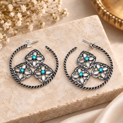 Turquoise Floral Hoop Earrings Twisted Silver Boho Statement Jewelry EAR-4908