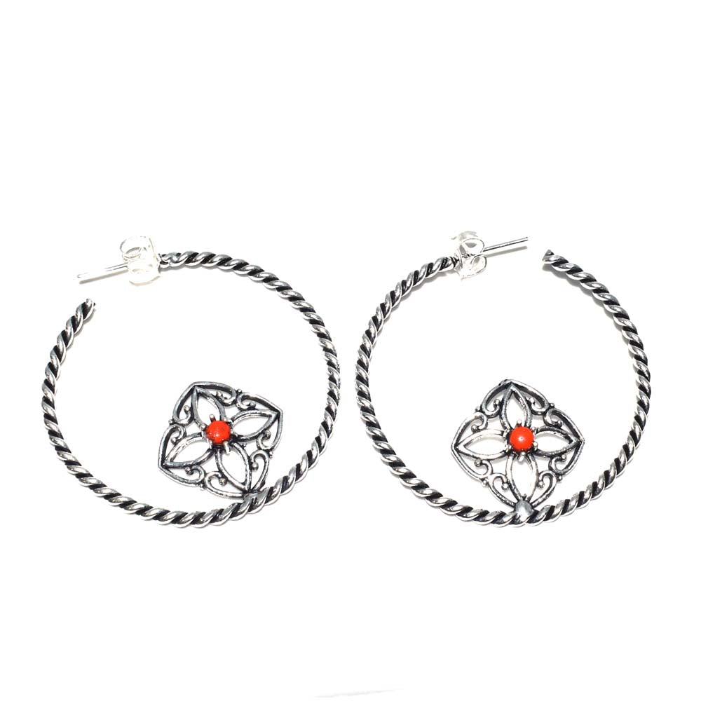 Red Stone Twisted Hoop Earrings Floral Oxidized Silver Boho Jewelry EAR-4910