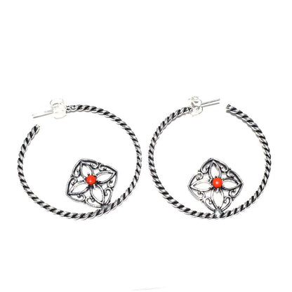Red Stone Twisted Hoop Earrings Floral Oxidized Silver Boho Jewelry EAR-4910