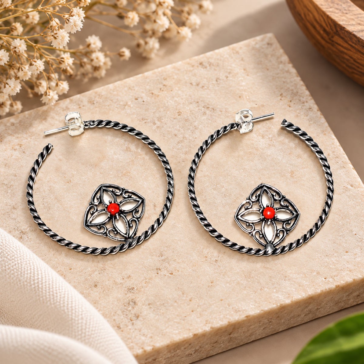 Red Stone Twisted Hoop Earrings Floral Oxidized Silver Boho Jewelry EAR-4910