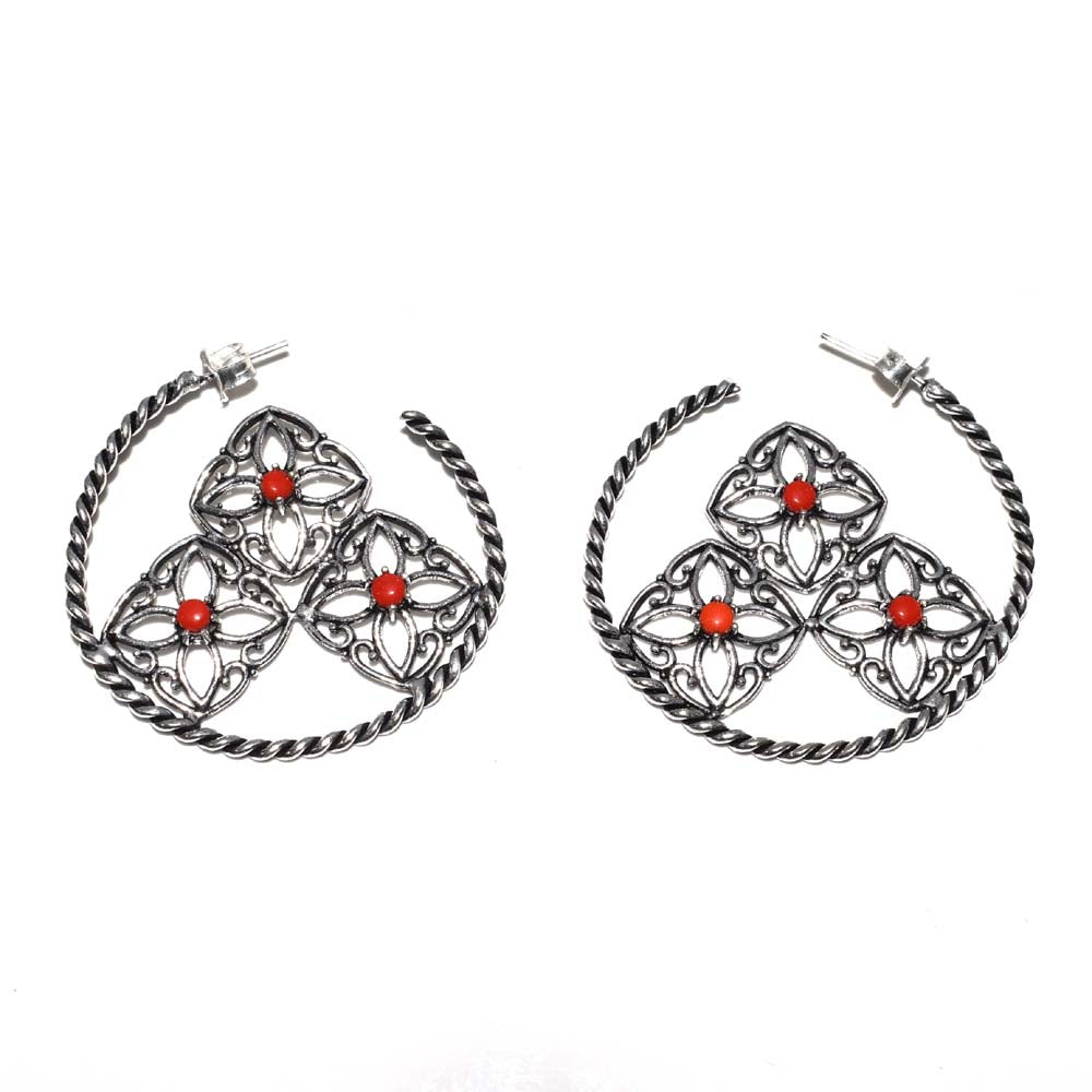 Red Stone Floral Hoop Earrings Twisted Oxidized Silver Boho Jewelry EAR-4911