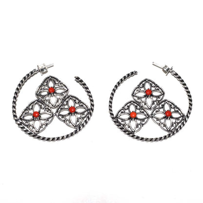 Red Stone Floral Hoop Earrings Twisted Oxidized Silver Boho Jewelry EAR-4911