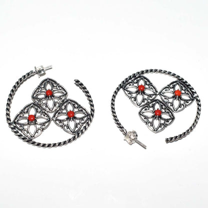 Red Stone Floral Hoop Earrings Twisted Oxidized Silver Boho Jewelry EAR-4911
