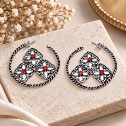 Red Stone Floral Hoop Earrings Twisted Oxidized Silver Boho Jewelry EAR-4911