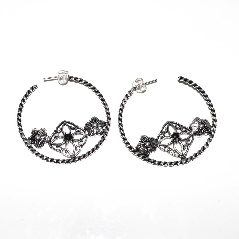 Black Stone Floral Hoop Earrings Twisted Oxidized Silver Boho Jewelry EAR-4912