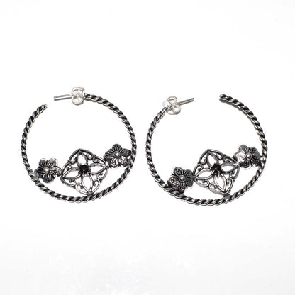 Black Stone Floral Hoop Earrings Twisted Oxidized Silver Boho Jewelry EAR-4912