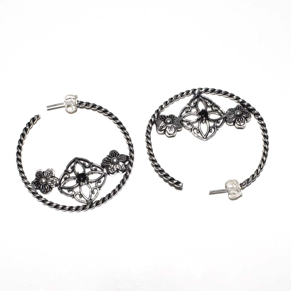 Black Stone Floral Hoop Earrings Twisted Oxidized Silver Boho Jewelry EAR-4912