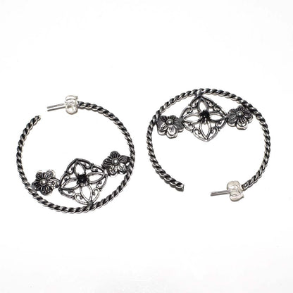 Black Stone Floral Hoop Earrings Twisted Oxidized Silver Boho Jewelry EAR-4912