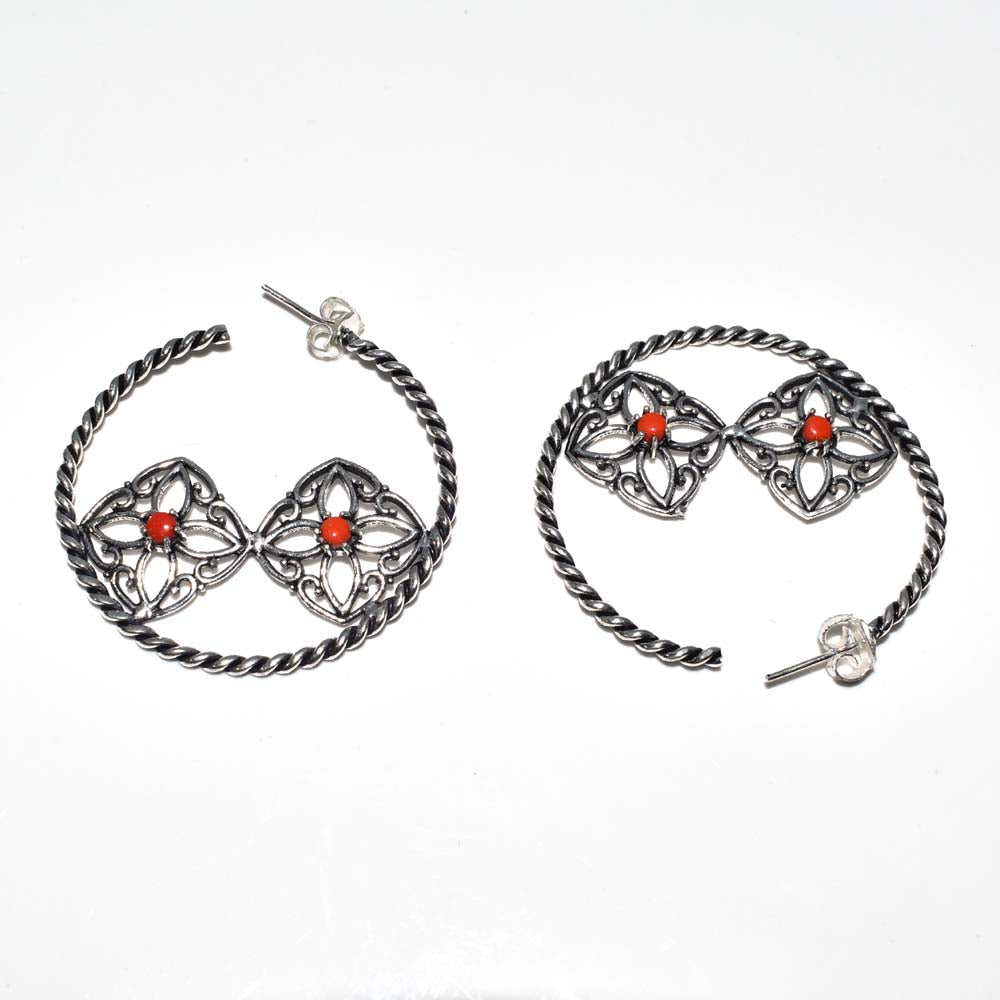Red Coral Floral Hoop Earrings Oxidized Silver Boho Jewelry EAR-4915