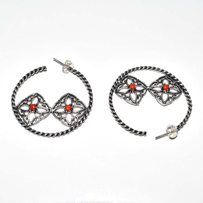 Red Coral Floral Hoop Earrings Oxidized Silver Boho Jewelry EAR-4915