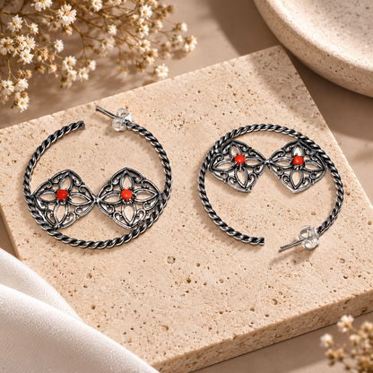Red Coral Floral Hoop Earrings Oxidized Silver Boho Jewelry EAR-4915