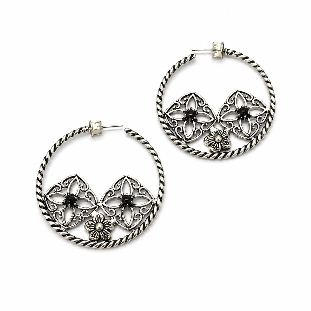 Black Stone Floral Hoop Earrings Twisted Oxidized Silver Boho Jewelry EAR-4917