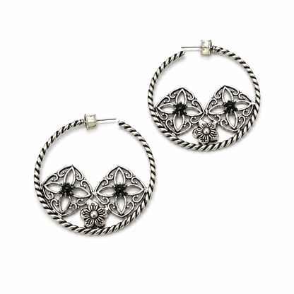 Black Stone Floral Hoop Earrings Twisted Oxidized Silver Boho Jewelry EAR-4917
